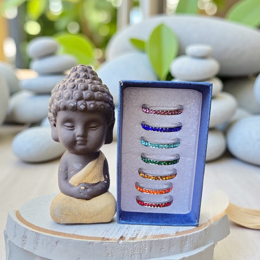 7 Austrian Crystal ✦ Chakra Stackable Rings ✦ Stainless Steel w/ Multi Color Set